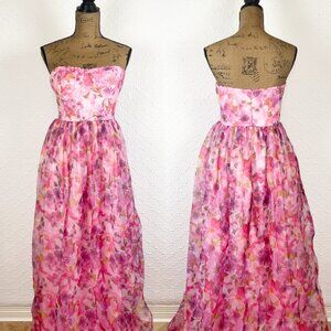 NWOT Lulus Wonderful Waltz Pink Floral Print Strapless Bustier Maxi Dress
